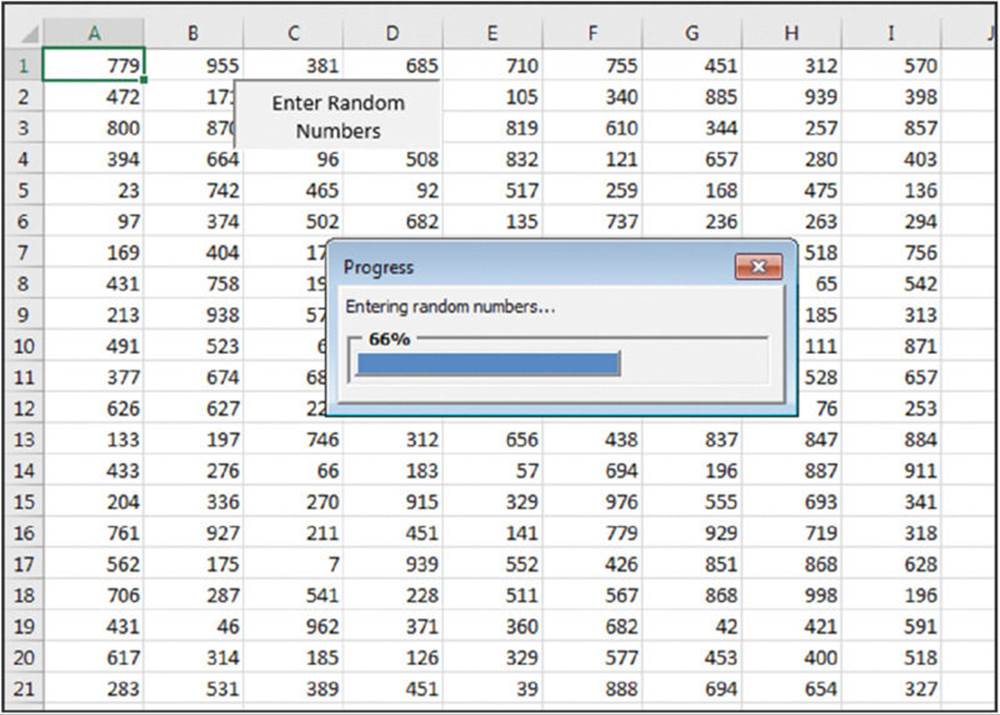 Screenshot shows numbers entered on an excel sheet with a Progress dialog box entering random numbers filled up to 66 percentage.