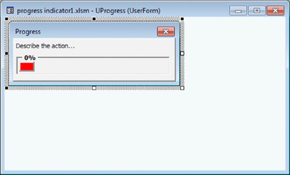 Screenshot shows Progress dialog box describing the action up to 0 percentage on a UserForm window.