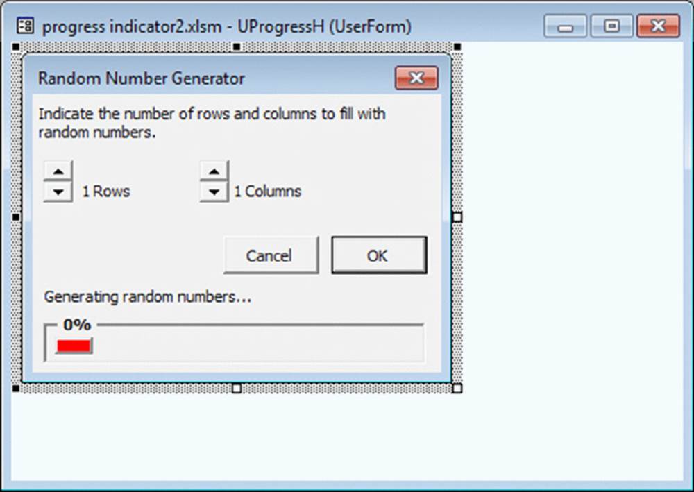 Screenshot shows Random Number Generator window with number of row and column selectors and OK button generating random numbers up to 0 percentage is displayed on the UserForm main window.