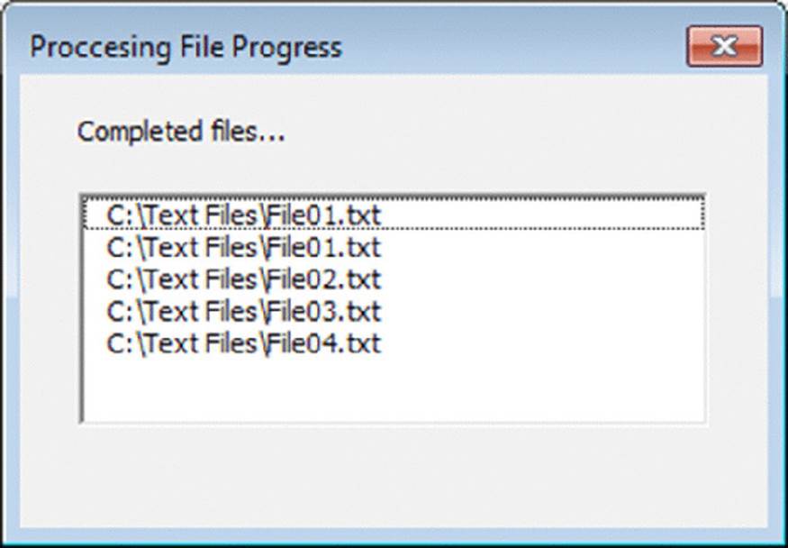 Screenshot shows a window with header processing file progress listing the completed files. The text files with filenames File01 to File04 are listed.