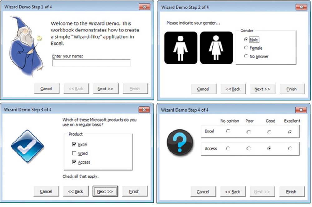 Screenshot shows windows representing four steps involved in Wizard demo with text field to enter name, radio buttons to select gender, check boxes to select Microsoft product and radio buttons to rate excel and access.