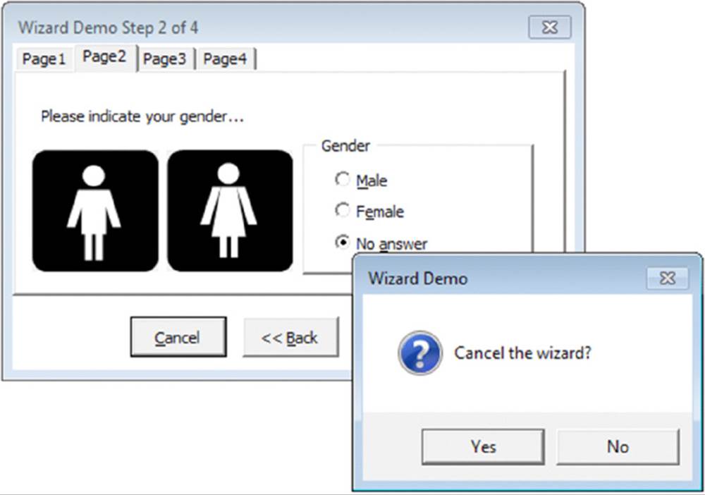 Screenshot shows a window with title Wizard demo step 2 of 4 with four tabs. Page1 tab shows radio buttons to select gender. A wizard demo pop up window with message cancel the wizard is also shown.