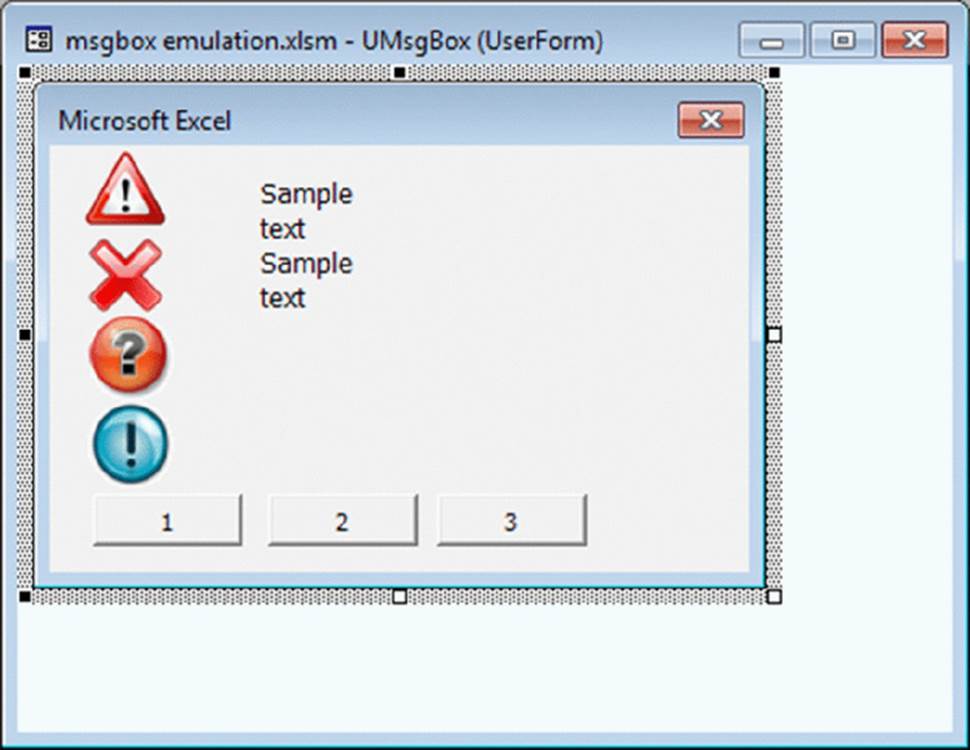 Screenshot shows a window with title msgbox emulation.xslm - UMsgBox(UserForm) along with a popup message showing four different signs.