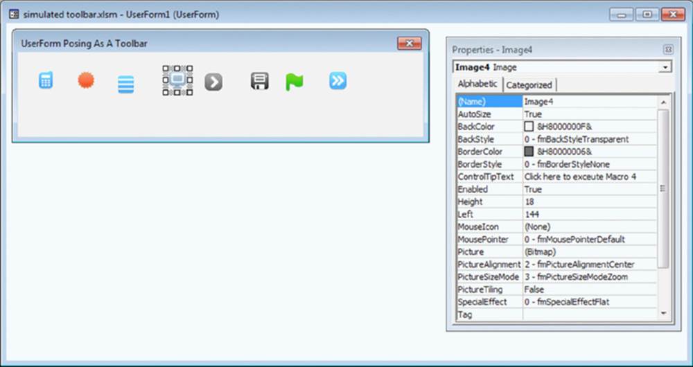 Screenshot shows a simulated toolbar window representing eight different icons in toolbar along with a scroll window showing tabs for alphabetic and categorized.