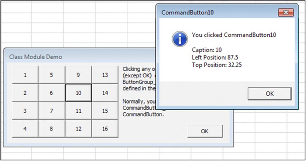 Screenshot shows a window with title class module demo along with a pop-up window CommandButton10 displaying caption, left and top position.