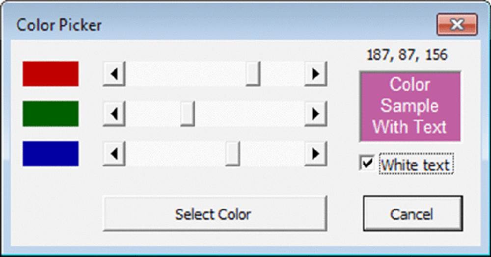 Screenshot shows a window with title color picker representing spin buttons to increase and decrease the intensity of three different colors along with select color and cancel buttons.
