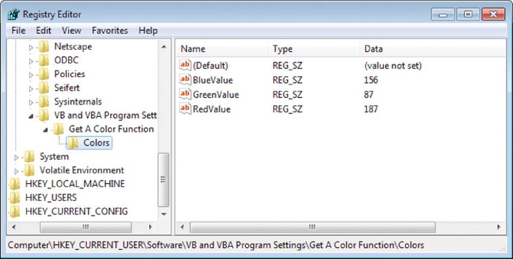 Screenshot shows registry editor window with two scroll windows on either side. Right scroll window shows name, type and date of three different colors and left window shows different folder structures with colors folder selected.