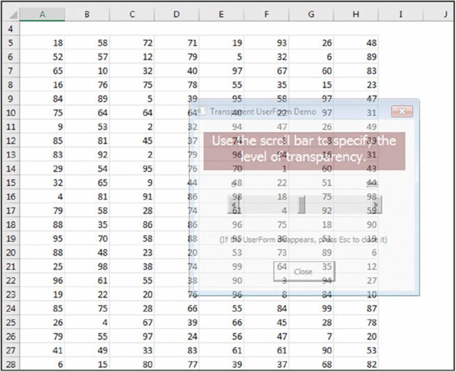 Screenshot shows an excel with different values in each of the cells along with a semi transparent pop window showing UserForm.