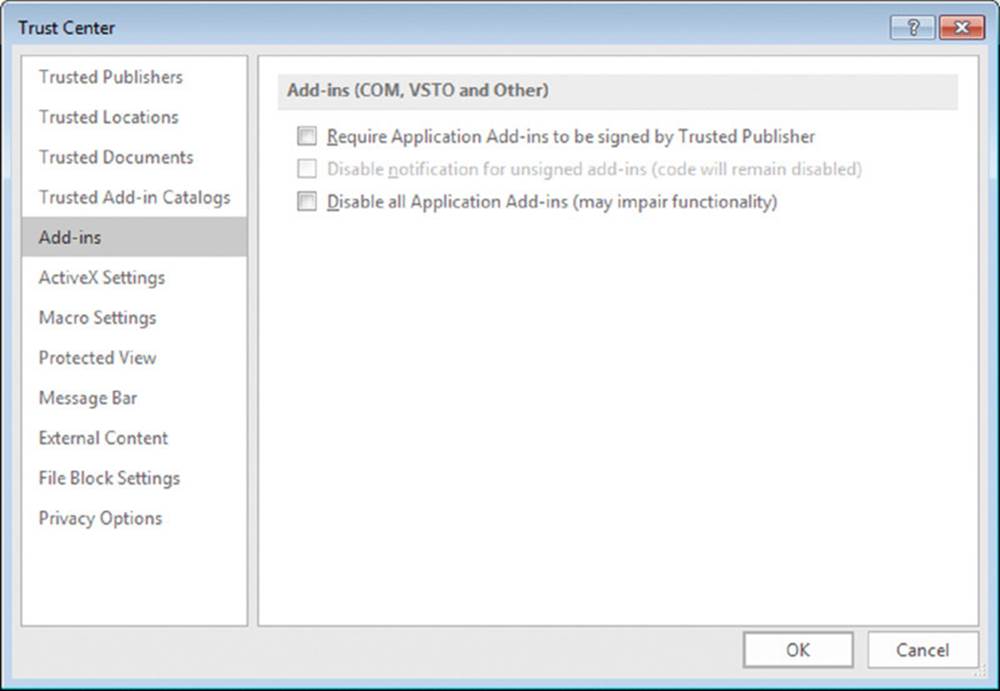 Screenshot shows trust center window where the Add-ins option is selected. The right partition of the window lists the options coming under Add-ins along with check boxes.
