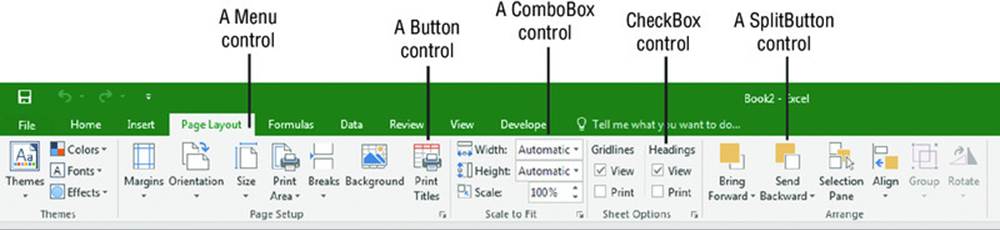 Screenshot shows the page layout bar in an excel where the menu control, button control, combox control, checkbox control and split button control are represented.