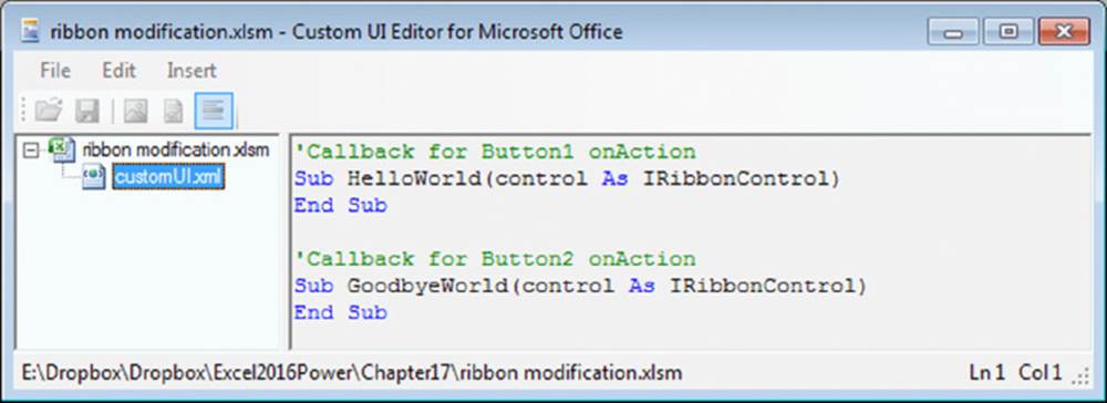 Screenshot shows a ribbon modification window with customerUIxml selected on the left partition and Callback function for Button 1 and Button 2 on the right side.