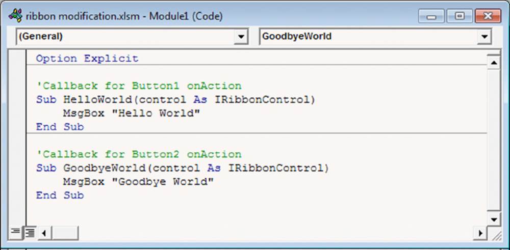 Screenshot shows a ribbon modification window with two dropdowns where general and GoodbyeWorld are selected along with Callback function for Button 1 and Button 2.