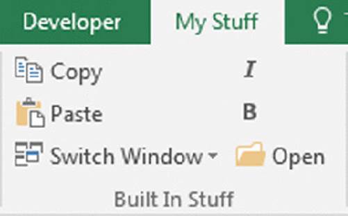 Screenshot shows a part of an excel displaying developer and my stuff tab, where my stuff tab is selected. The controls for copy, paste, switch window, italics, bold and open are represented.