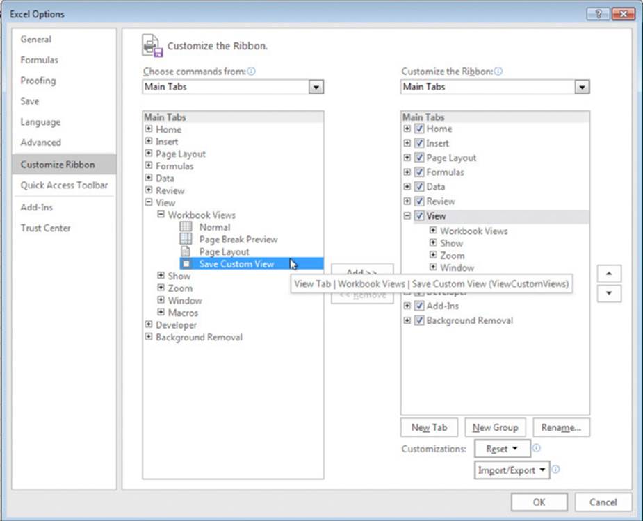 Screenshot lists the excel options where the customize ribbon is selected. Dropdowns for choosing commands and customizing ribbon are also represented.