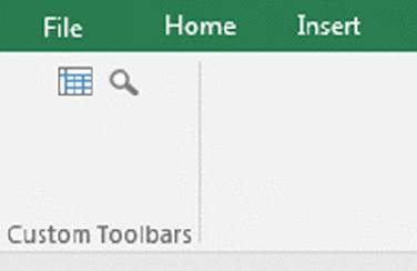Screenshot shows part of an excel displaying the file, home and insert tabs along with a search icon in the custom toolbars section.