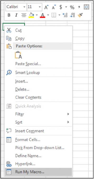 Screenshot shows the options listing on right clicking on a blank cell in an excel sheet where the run my macro option is selected.