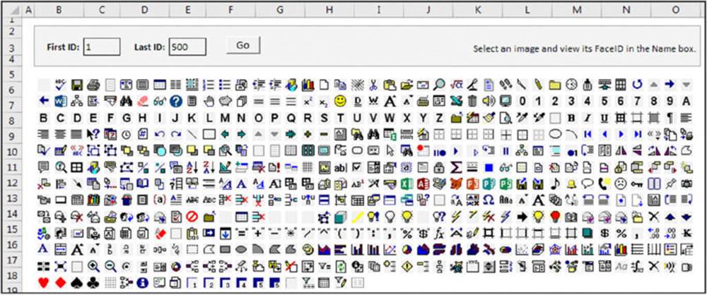 Screenshot shows an excel listing all the icons used in Microsoft excel along with text fields displaying the first and last ID and a Go button.