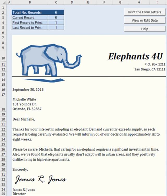 Screenshot shows excel sheet with a formal letter written on it along with the cartoon image of an elephant. Three buttons labeled print the form letters, view or edit data and help are also represented.