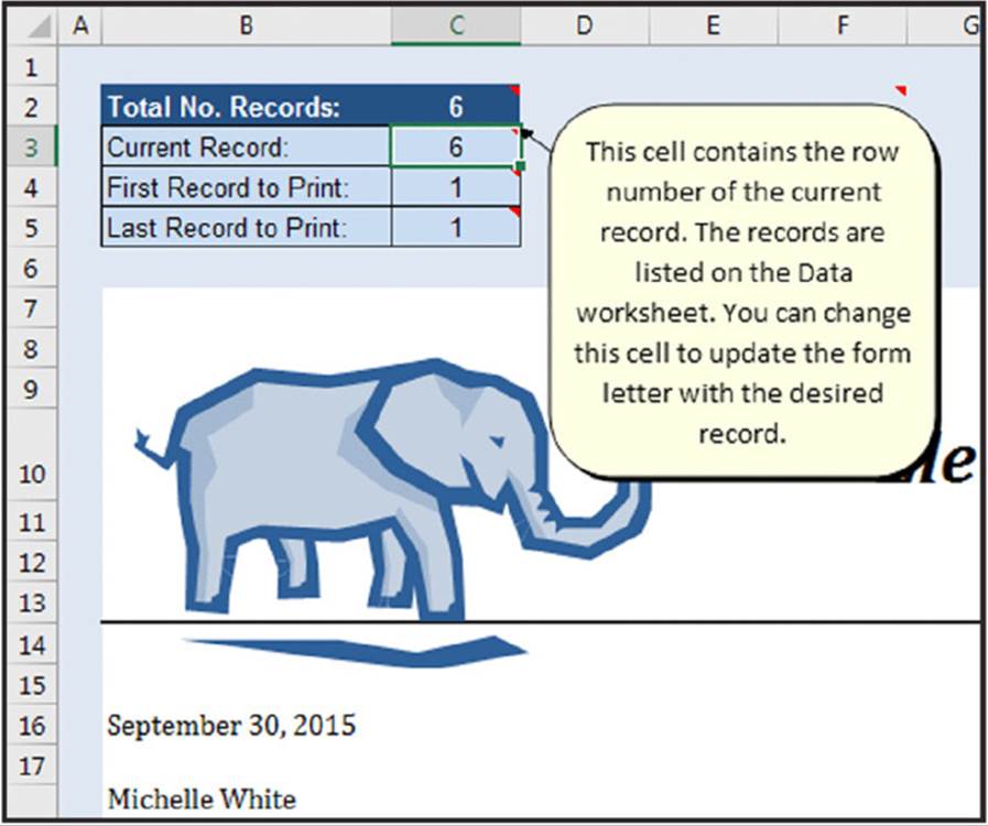 Screenshot shows an excel with a table listing total number of records, current record and first and second record to print along with the cartoon image of an elephant.
