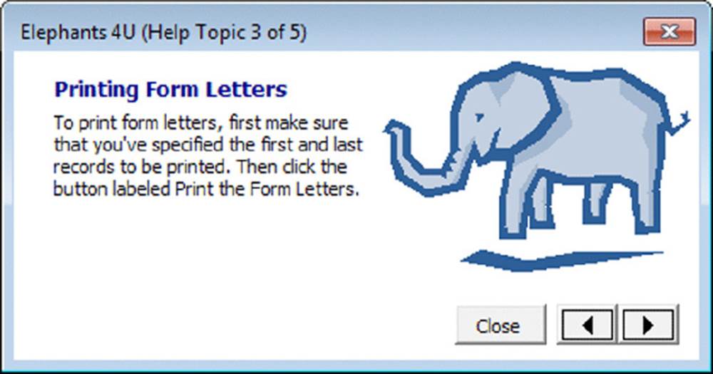 Screenshot shows a window with title Elephants 4U (Help Topic 3 of 5) and heading printing form letters. A cartoon image of an elephant along with a close button and two spin buttons.
