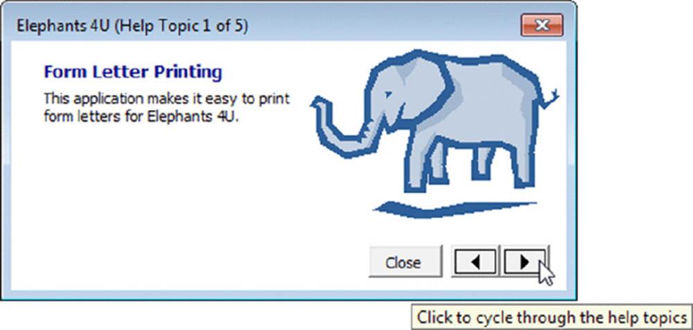 Screenshot shows a window with header Elephants 4U(Help Topic 1 of 5) and heading form letter printing. A cartoon image of an elephant along with a close button and two spin buttons.