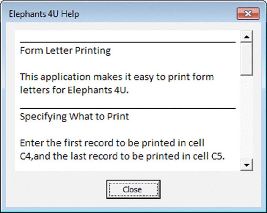 Screenshot shows a window with title Elephants 4U Help and specifying details of form letter printing and details of what to print along with a close button.