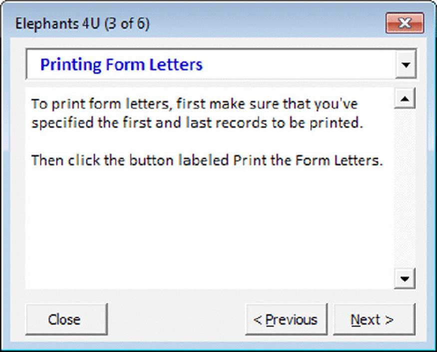 Screenshot shows a window with title Elephants 4U (3 of 6) and a dropdown menu showing printing form letters along with close, previous and next button.