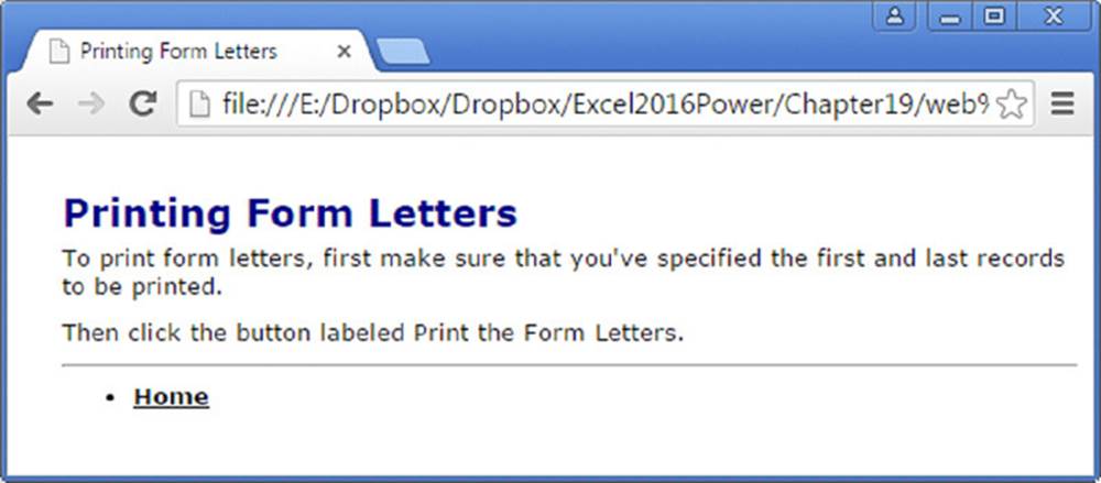 Screenshot shows a webpage with title and heading as printing form letters. A link to homepage is also represented.