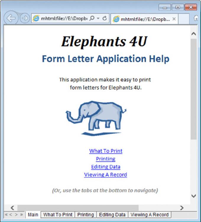 Screenshot shows a webpage with heading Elephants 4U and links to what to print, printing, editing data, viewing a record.