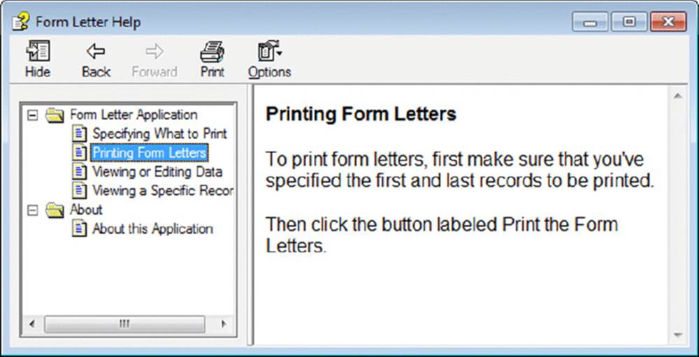Screenshot shows a form letter help window with a scroll window on the left with printing form letters selected and details of printing form letters on the right.