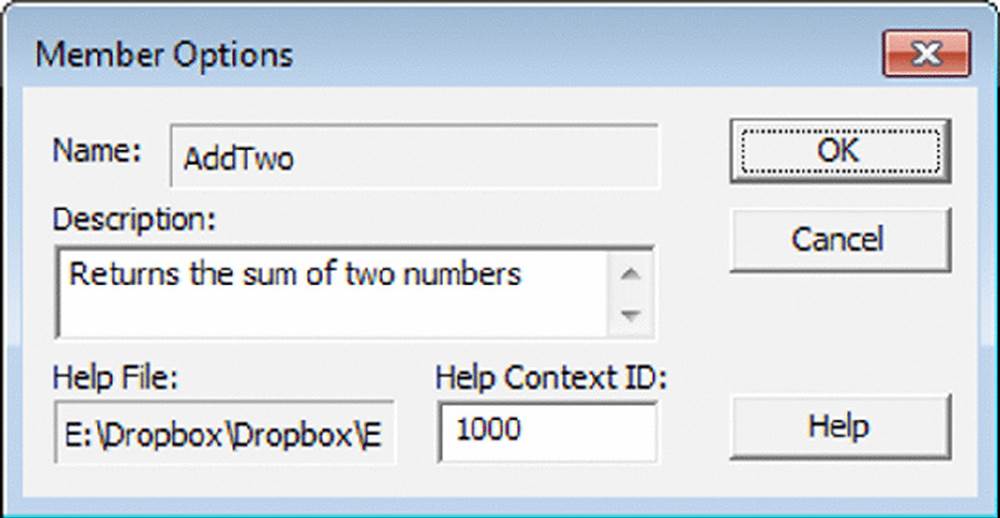 Screenshot shows member options with text field specifying name as AddTwo and text field for description, help file and help context ID along with buttons for OK, cancel and help.