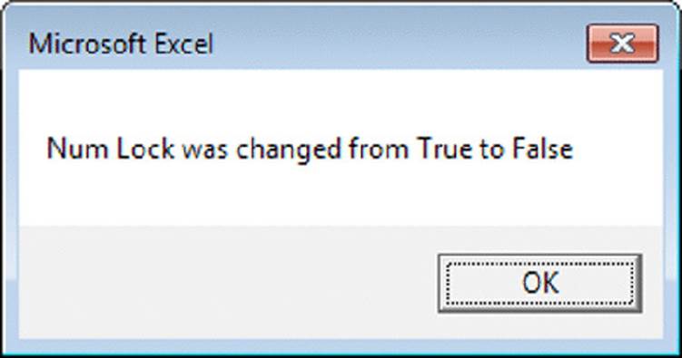 Screenshot shows a window with title Microsoft excel and message Num Lock was changed from True to False along with an OK button.
