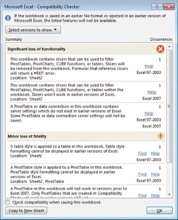 Screenshot shows the Microsoft excel compatibility checker window with dropdown button to select versions to show. The summary and occurrences of significant loss of functionality and minor loss of fidelity are also listed. 