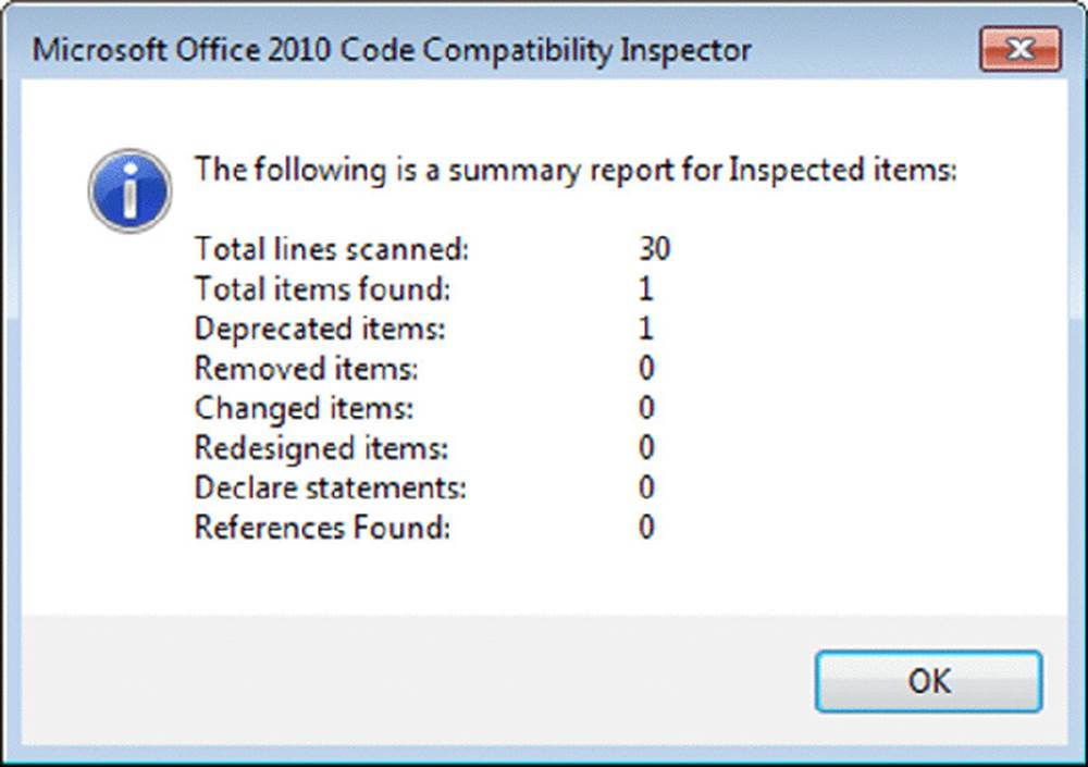 Screenshot shows the Microsoft office 2010 code compatibility inspector listing the summary report of inspected items such as the total number of lines scanned, items found, deprecated, removed and changed items et cetera. 