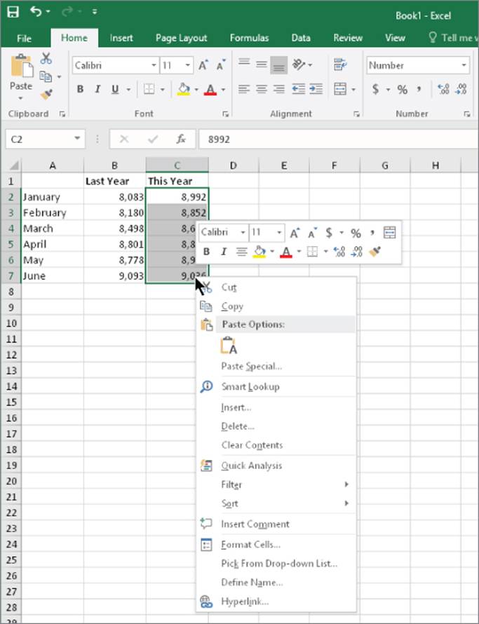 Snipped image of Excel 2016 presenting six highlighted cells (C2 to C7) with two shortcut menus: right-click menu of various options and menu with the elements of Font and Number panels.