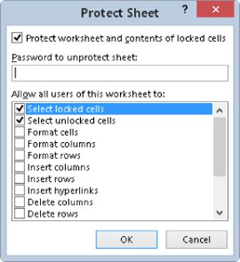 Screenshot of Protect Sheet dialog box presenting selected commands: Protect worksheet and contents of locked cells command and Allow all users to select locked cells and select unlocked cells commands.