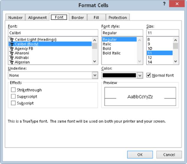 Screenshot of Format Cells dialog box with six tabs. Font tab is selected displaying font options. Calibri (Body) font, Regular font style, and font size of 11 are selected. OK button at the bottom is highlighted.