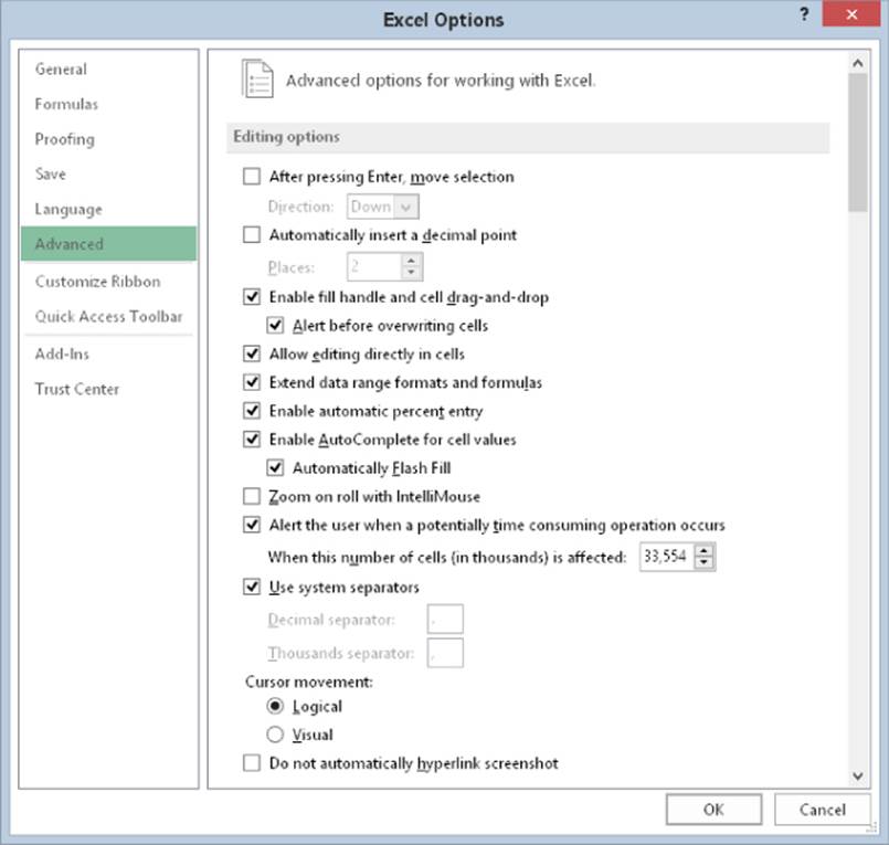 Screenshot of Excel Options dialog box presenting the Advanced tab with advanced options for working with Excel.