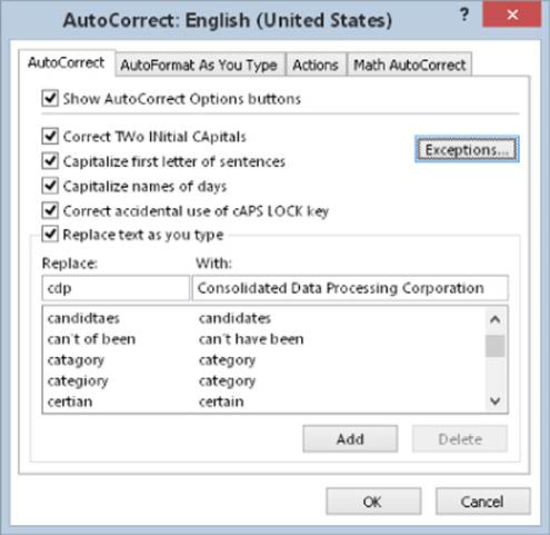 AutoCorrect: English (United States) dialog box presenting AutoCorrect tab options. All options are selected and Exceptions button is highlighted. Replace Text as You Type customization is at the bottom.