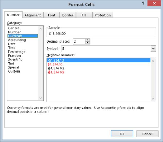 Screenshot of Format Cells dialog box presenting the Currency category of Number tab.