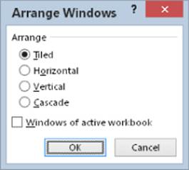 Screenshot of Arrange Windows dialog box presenting four window arrangements: Tiled, Horizontal, Vertical, and Cascade. Tiled arrangement is selected.