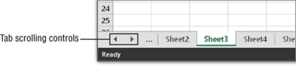 Snipped image of Sheet tab scroll buttons with five sheet tabs. Sheet 3 is open.