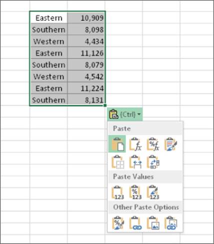 Screenshot of a pasted range with a drop-down list (at the lower right) presenting Paste options.