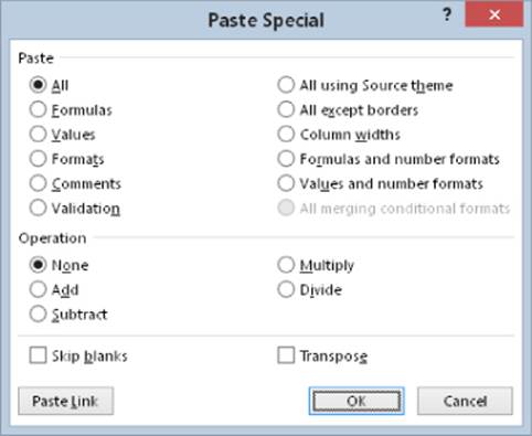 Screenshot of Paste Special dialog box presenting the selected All button in Paste panel and None button in Operation panel. Paste Link, OK, and Cancel buttons are located at the bottom.