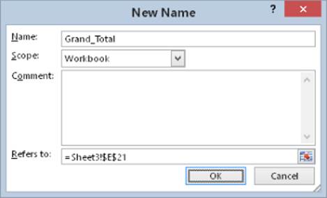 Screenshot of New Name dialog box displaying Name field, Scope field with a drop-down arrow on the side, Comment field, and Refers to field. OK and Cancel buttons are at the bottom.. 