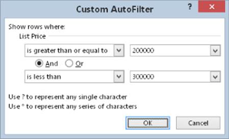 Screenshot of Custom AutoFilter dialog box presenting the settings of rows to show, where list price is greater than or equal to 200,000 and is less than 300,000.