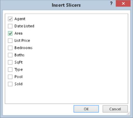 Screenshot of Insert Slicers dialog box displaying all headers in the table with a checkbox each. Agent and Area headers are selected.