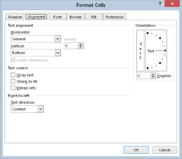 Screenshot of Format cells dialog box presenting Alignment tab with options for Text alignment, Text control, Text Direction, and Orientation.