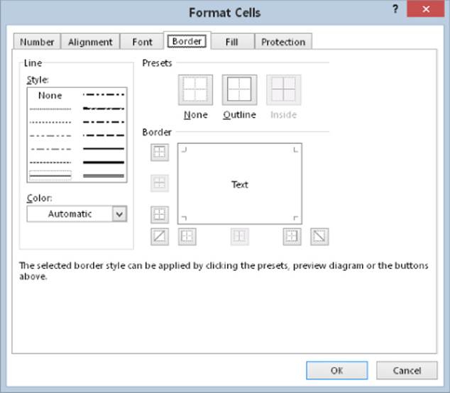 Screenshot of Format Cells dialog box presenting Border tab with options for Line style, Line color, Presets, and Border placement.