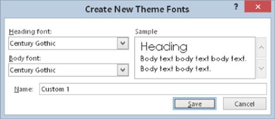 Screenshot of Create New Theme Fonts dialog box presenting Century Gothic as Heading font and Body font (left of the dialog box) and the preview sample of the font (right) with Custom 1 in the Name field (bottom).